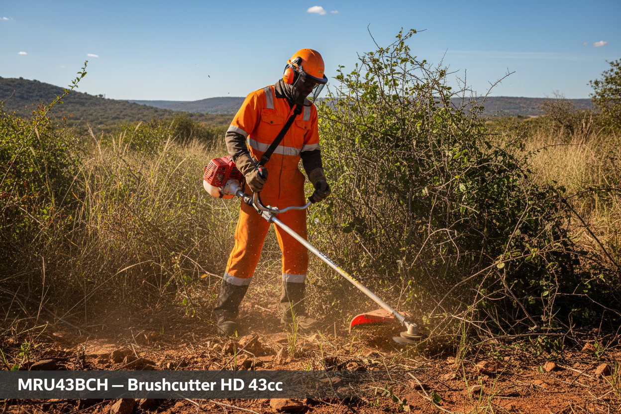 MRU43BCH heavy-duty 43cc brushcutter operator clearing dense bush on a South African farm