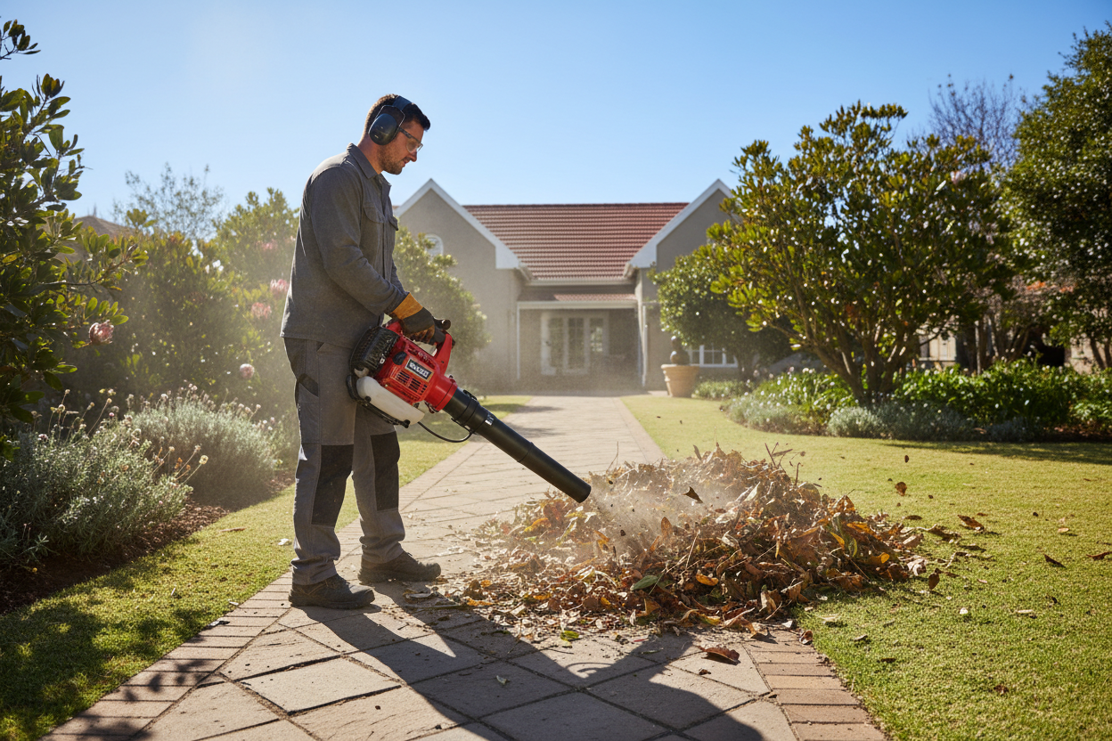 Kasei KHHB handheld petrol blower operator clearing leaves on a garden driveway in South Africa
