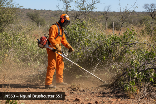 Nguni N553 high-displacement brushcutter operator clearing dense tough bush on a South African farm