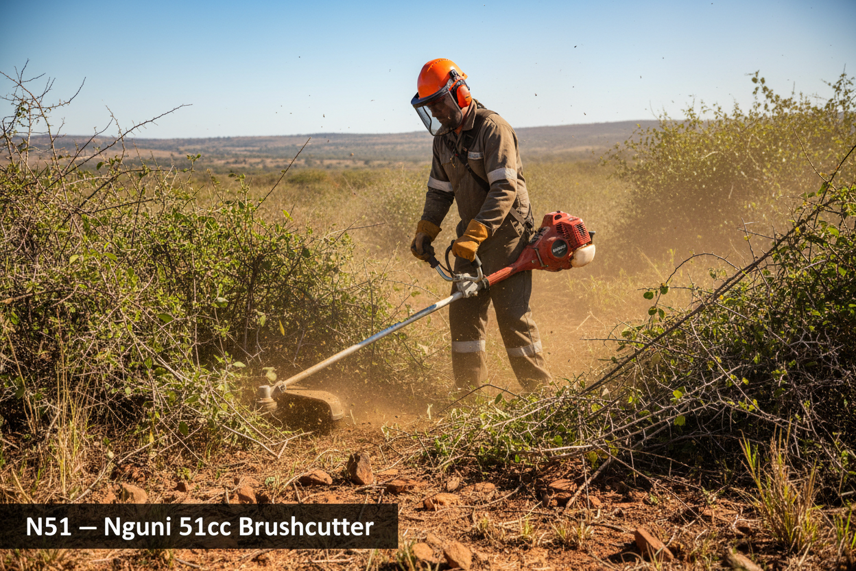 Nguni N51 51cc brushcutter operator clearing dense bush on a South African farm