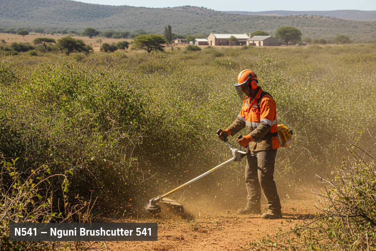 Nguni N541 high-displacement brushcutter operator clearing dense bush on a South African farm