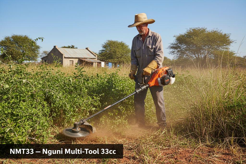Nguni NMT33 33cc multi-tool with brush cutter head clearing bush on a South African farm
